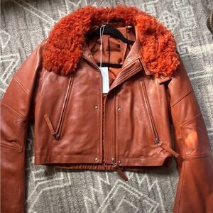Helmut Lang Astro shearling-trimmed leather jacket in color brick